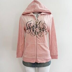vintage juicy couture pink velour zip hoodie silver glitter graphic large
